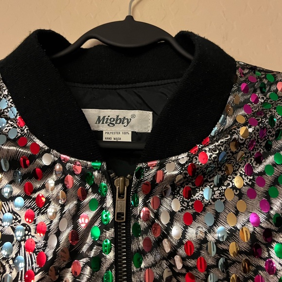 Mighty Retro/Vintage Metallic Silver Bomber Jacket with Multi-Colour Sequins - Picture 5 of 16